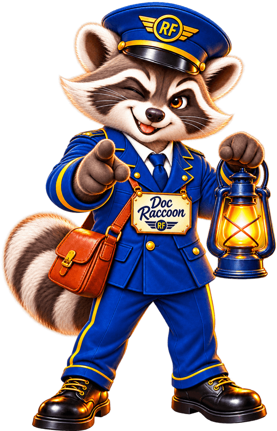 Doc Raccoon, der Schaffner der Allianz Rising Force, mit Laterne und Umhängetasche